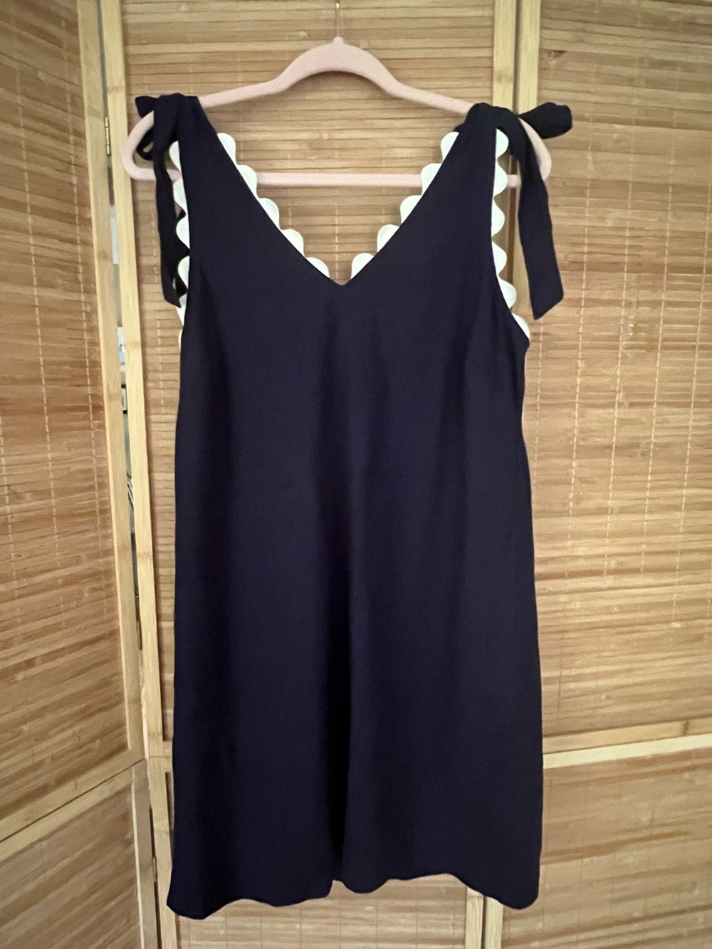 THML Navy Mini Dress with White Scallop Trim and Tie Straps